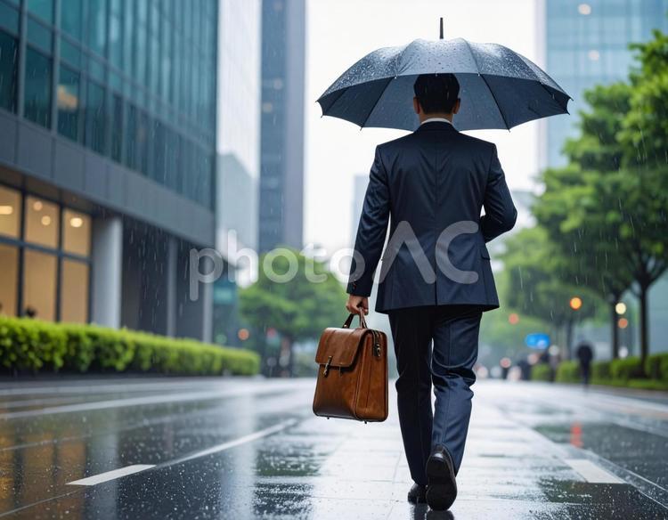 雨の日にオフィス街を歩くビジネスパーソン 雨,小雨,通勤の写真素材
