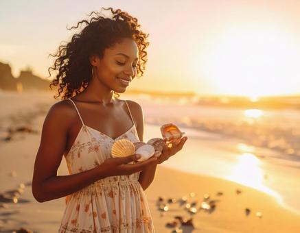 女性　ビーチ　リゾート　サンセット　夏の写真