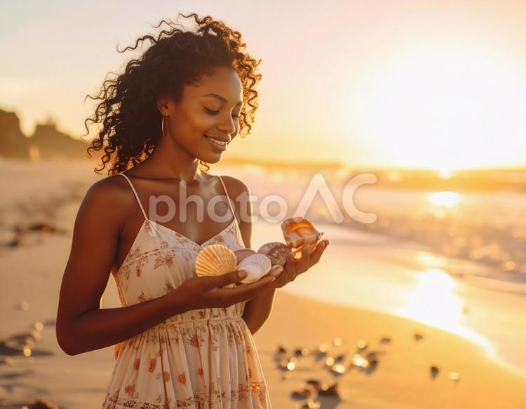 女性　ビーチ　リゾート　サンセット　夏 女性,ビーチ,貝殻の写真素材