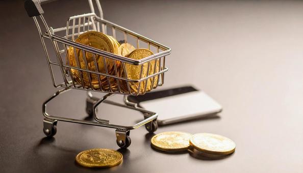 ビットコイン ショッピングカートと金貨 ビットコイン ショッピングカートと金貨の写真