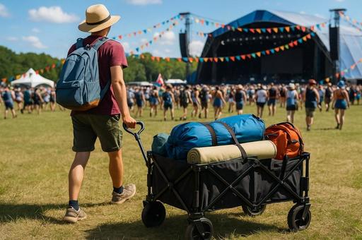 夏フェスでカートワゴンを引く男性 夏フェスでカートワゴンを引く男性の写真