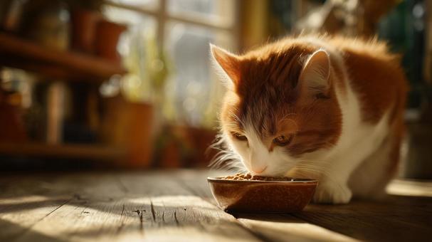 朝の光に包まれた猫の食事タイム 朝の光に包まれた猫の食事タイムの写真