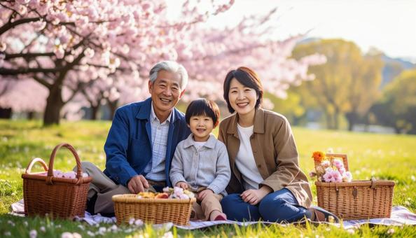 ピクニックする三世代の日本人家族 ピクニックする三世代の日本人家族の写真