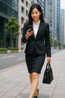 スーツ女性のスマホチェック スーツ女性のスマホチェックの写真