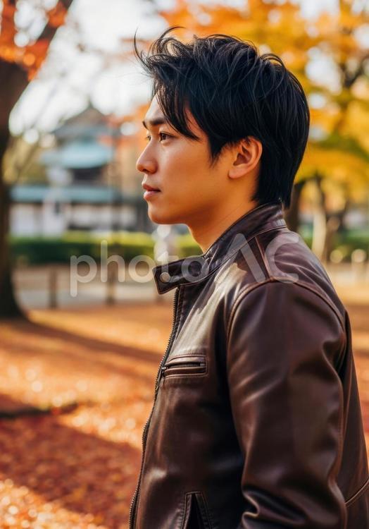 秋色に染まる公園で散歩するおしゃれな男性 男性,革ジャン,秋の写真素材