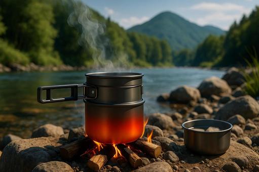 清流に映える赤熱キャンプクッカーと山景色 清流に映える赤熱キャンプクッカーと山景色の写真