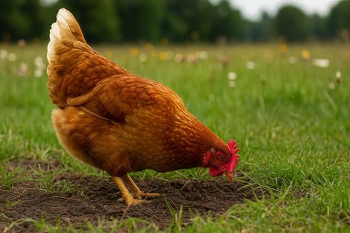 地面をつついて餌を探す鶏の写真