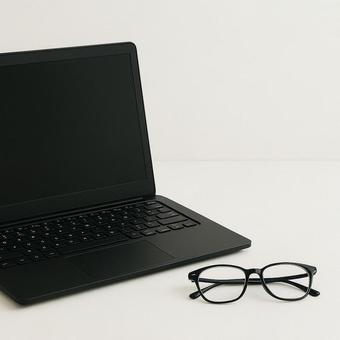 黒ノートPCと眼鏡の写真
