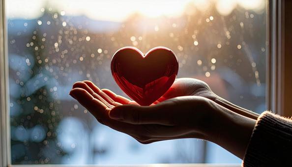 女性の手の平におかれたハートの写真