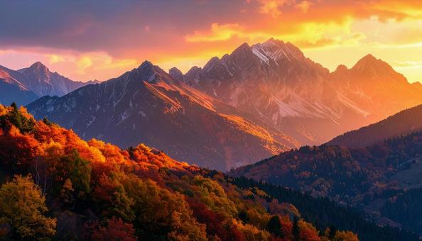 紅葉と夕焼けに染まる山岳 紅葉と夕焼けに染まる山岳の写真