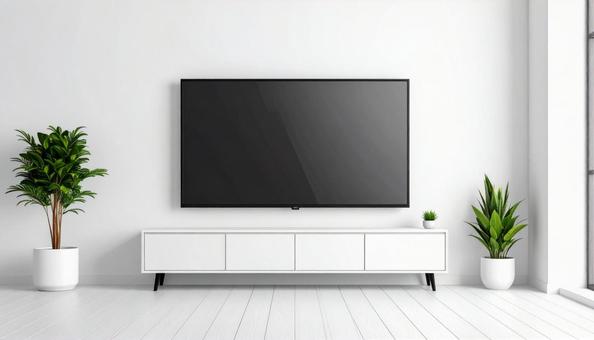 白いテレビボード、大画面テレビの写真