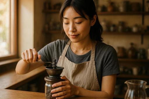 豆を挽く日本人女性 豆を挽く日本人女性の写真