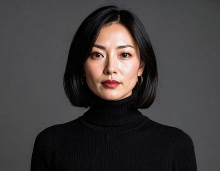 黒いタートルネックを着た女性モデル 黒いタートルネックを着た女性モデルの写真
