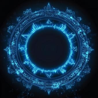 精緻な紋様が輝く、青い魔法陣の写真