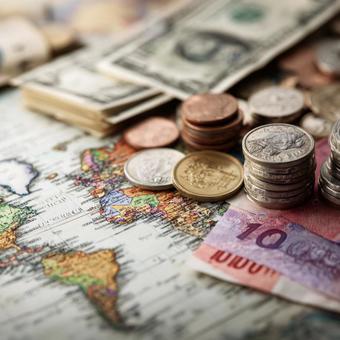 世界地図の上に置かれた世界各国の通貨 世界地図の上に置かれた世界各国の通貨の写真