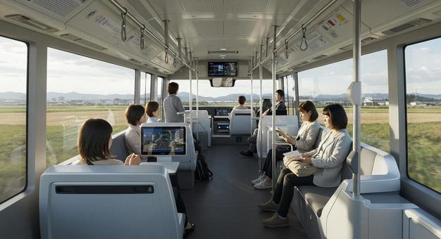 AI全自動運転バスでくつろぐ乗客の写真