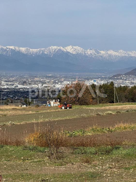 トラクターと北アルプス ブルーベリー,畑,北アルプスの写真素材