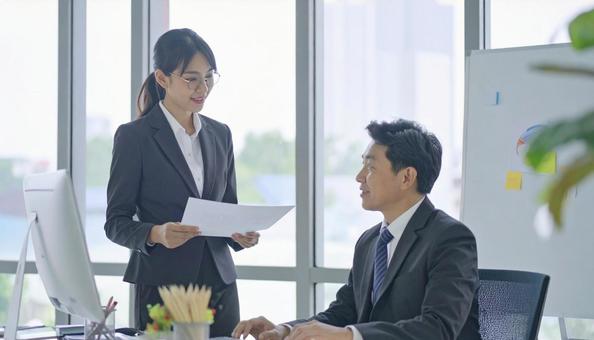 上司に報告する女性社員 上司に報告する女性社員の写真