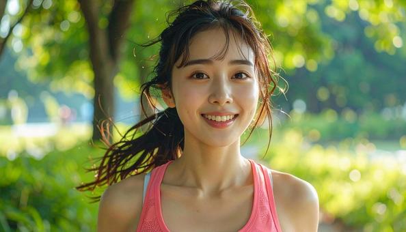 笑顔でジョギングする若い女性 笑顔でジョギングする若い女性の写真