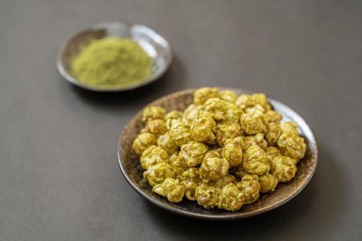 Matcha popcorn on a simple black background, JPG
