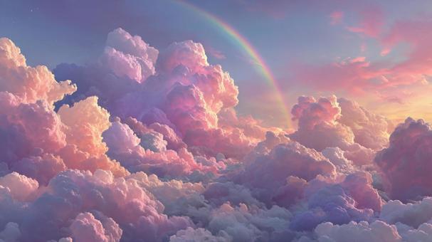 朝日(または夕日)に染まる雲と虹の絶景 朝日(または夕日)に染まる雲と虹の絶景の写真