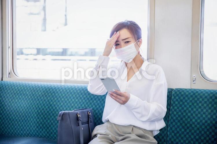 電車の中でマスクをする女性 電車,発熱,熱の写真素材