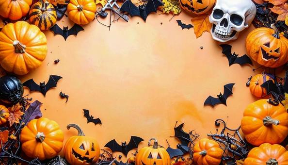 ハロウィンの飾りのフレーム オレンジ背景 ハロウィンの飾りのフレーム オレンジ背景の写真
