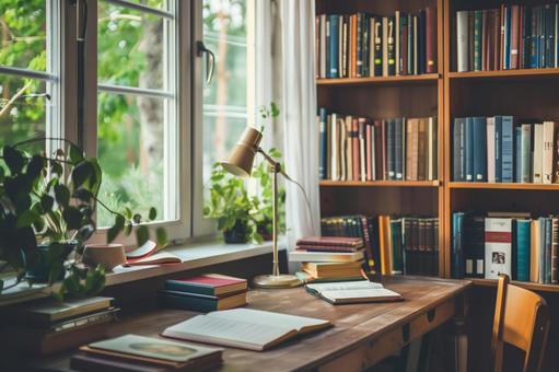 木漏れ日が差す読書スペースの写真