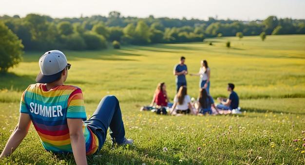 夏の公園でピクニックを楽しむ家族と友人達 夏の公園でピクニックを楽しむ家族と友人達の写真