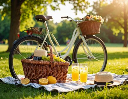 Stylish picnic set and bicycle, picnic, bicycle, park, JPG