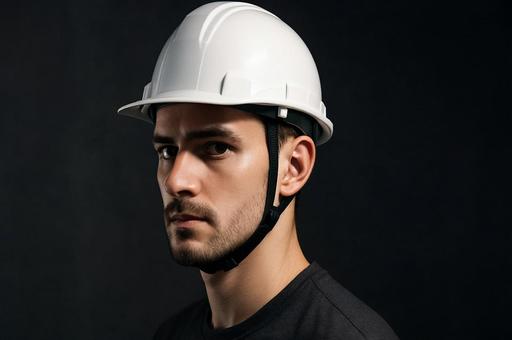 ヘルメットを被った男性の横顔・建設作業 ヘルメットを被った男性の横顔・建設作業の写真
