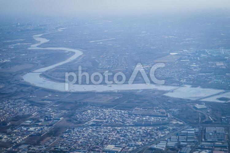 飛行機から見える中国の街並み 中国,街並み,空撮の写真素材