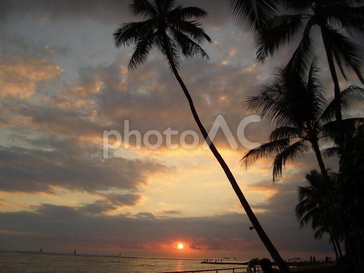 ハワイの夕日 ハワイ,景色,風景の写真素材