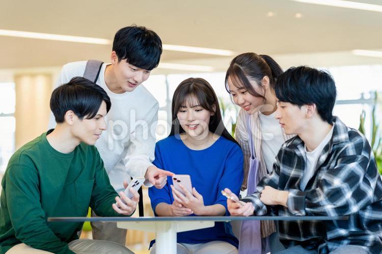 スマホで話す大学生 スマホ,大学生,学生の写真素材