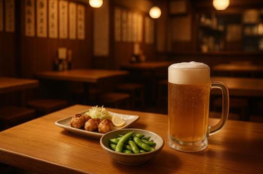 枝豆と焼き鳥、ビールが並ぶ居酒屋の風景 枝豆と焼き鳥、ビールが並ぶ居酒屋の風景の写真