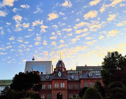 The renovated red brick government building at dusk, JPG The renovated red brick government building at dusk, JPG