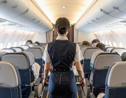 機内サービスで飲み物提供するCAの後ろ姿 機内サービスで飲み物提供するCAの後ろ姿の写真
