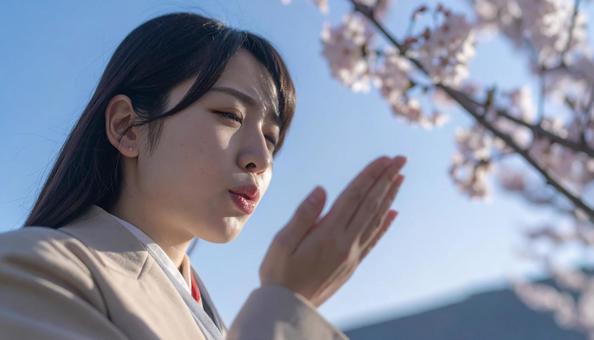 手の平の花びらに息を吹きかける女性 手の平の花びらに息を吹きかける女性の写真