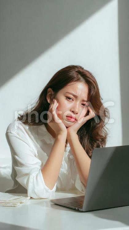 PCの前で悩む女性 ビジネス,女性,悩むの写真素材