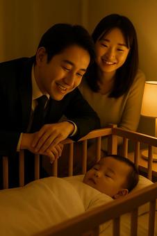 赤ちゃんの寝顔が愛おしいパパとママ 赤ちゃんの寝顔が愛おしいパパとママの写真