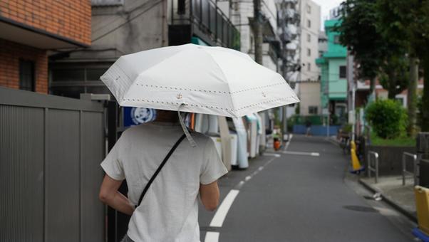日傘をさして道を歩く女性 日傘をさして道を歩く女性の写真