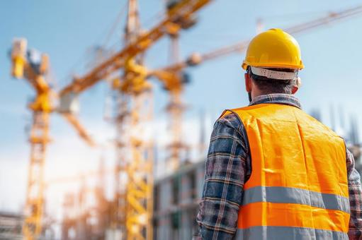建設中のビルと、その進捗を見守る作業員 建設中のビルと、その進捗を見守る作業員の写真
