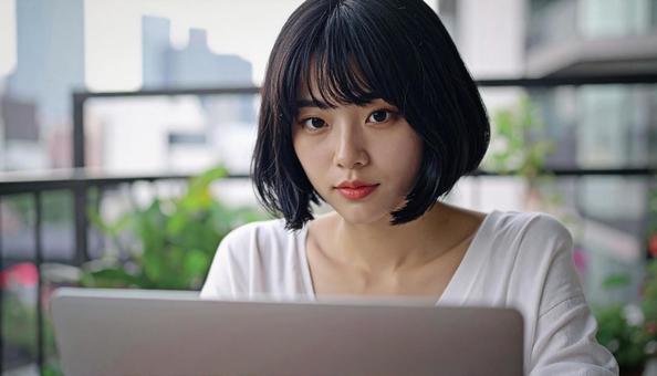 テラス席でお仕事の写真