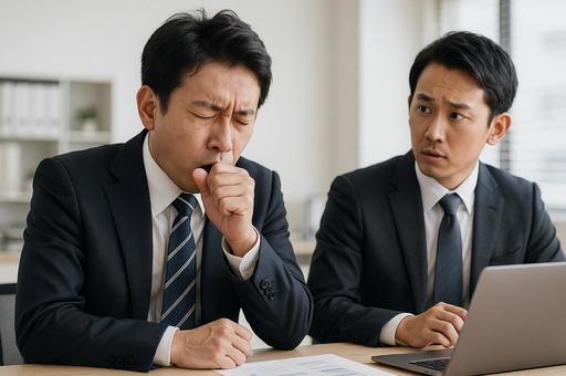 咳き込む同僚を心配する様子 咳き込む同僚を心配する様子の写真
