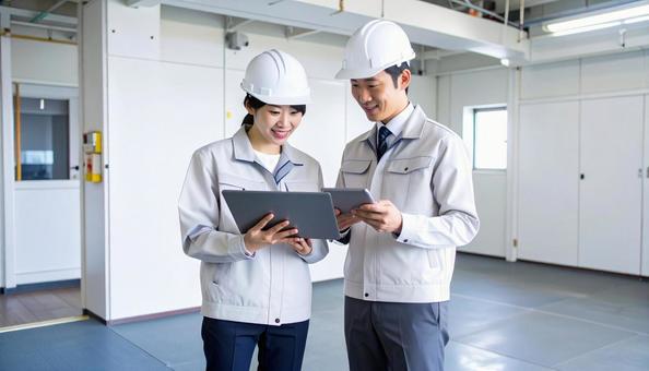 打ち合わせする作業着姿の建築士・設計士 打ち合わせする作業着姿の建築士・設計士の写真