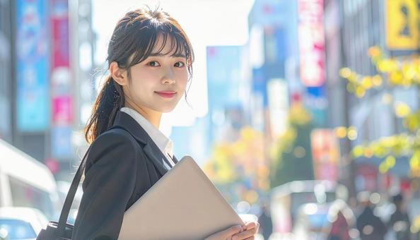 ノートパソコンを持つ女性社員 ノートパソコンを持つ女性社員の写真