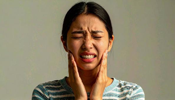 歯が痛んで手で押さえる女性 歯が痛んで手で押さえる女性の写真