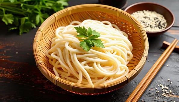 ざるに盛られたうどんの麺 ざるに盛られたうどんの麺の写真