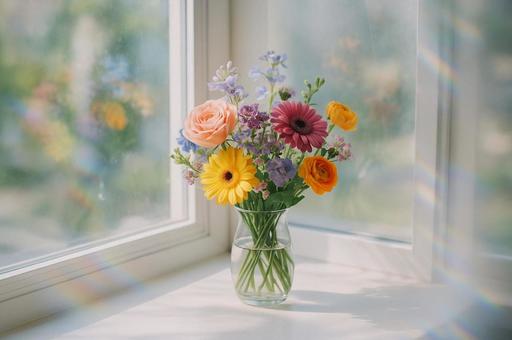 窓辺を彩る花束 窓辺を彩る花束の写真