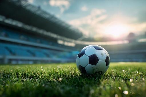 スタジアムの芝生に置かれたサッカーボール スタジアムの芝生に置かれたサッカーボールの写真